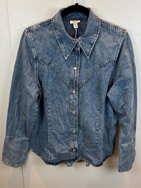 NWT a.n.a. Stone Wash Denim Shirt Pearl Snaps Women's L Western Cowgirl Rodeo